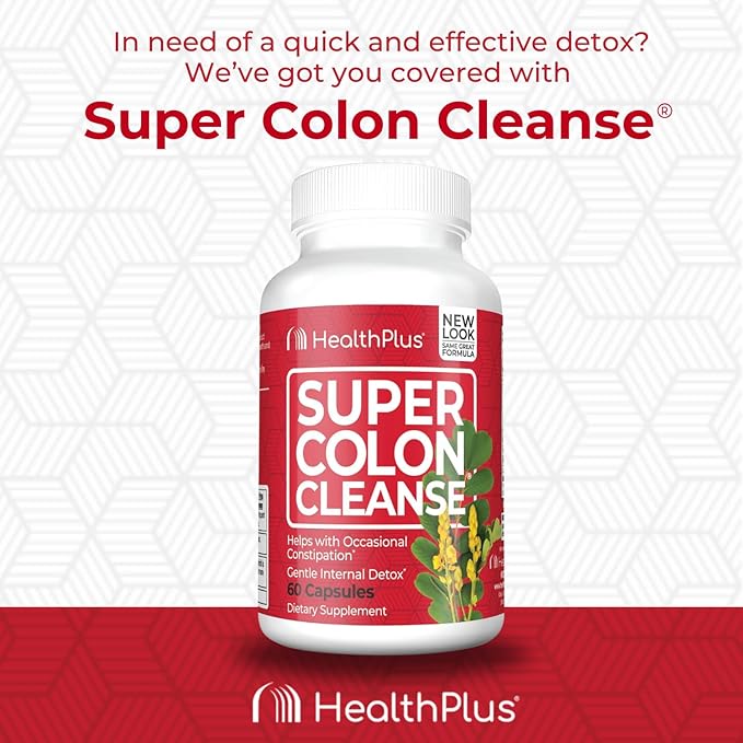 Health Plus Super Colon Cleanse 10 Day Gentle Gut Cleanse Detox, Psyllium Husk, Probiotics for Constipation Relief & Digestive Support, 60 Capsules