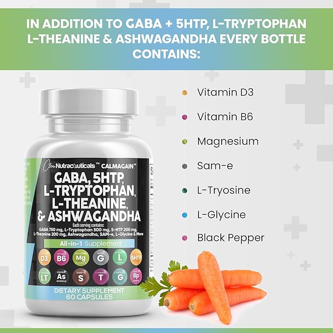 Clean Nutraceuticals GABA 750mg 5 HTP 200mg L Tryptophan 500mg L Theanine 200mg Ashwagandha SAM-e L-Glycine - Mood Support Vitamins for Women and Men with L-Tyrosine - Count