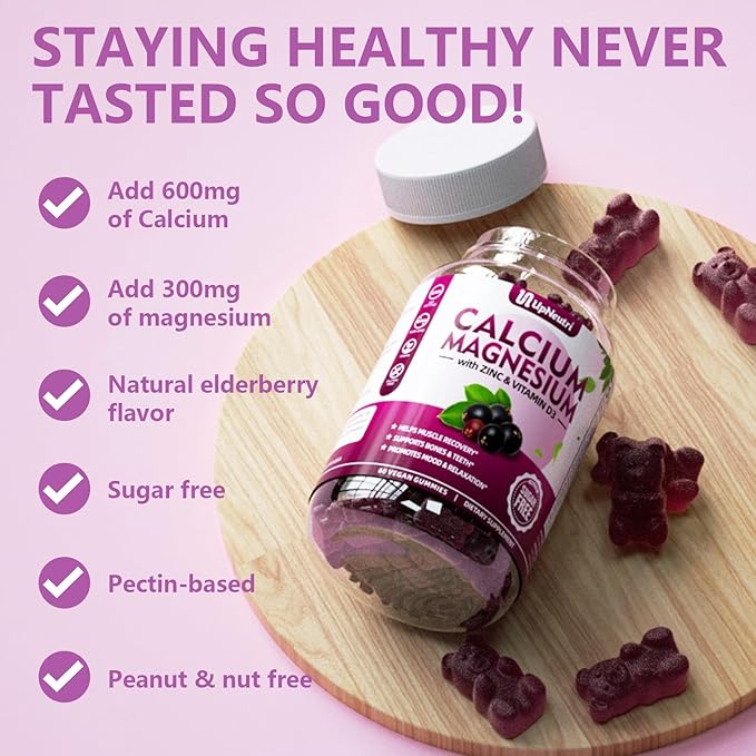 Calcium Magnesium Zinc with Vitamin D3 Supplement, Sugar Free Calcium Gummies for Women Men, High Absorption Zinc Gummies for Bone & Muscle & Immune Health, Vegan Elderberry Flavor - 120 Count