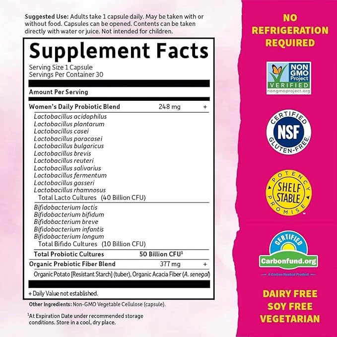 30 Capsules Once Daily Dr. Formulated Probiotics for Women 50 Billion CFU 16 Probiotic Strains with Organic Prebiotics for Digestive, Vaginal & Immune Health, Dairy Free. 1 Pack