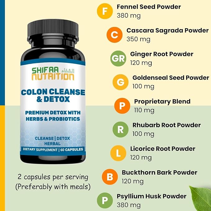 Premium Colon Cleanse & Herbal Detox Pills | 2x15 Days Supply | with Probiotics, Fennel Seed, Cascara Sagrada & Ginger Root Halal Vitamins