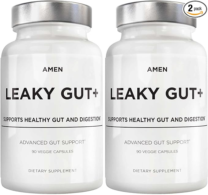Amen Leaky Gut Supplement - Advanced Formula with Bioavailable L Glutamine, Zinc, Turmeric, DGL Licorice Root - Marshmallow Root - Probiotics & Fermented Prebiotics - Vegan, Non-GMO - 2-Pack