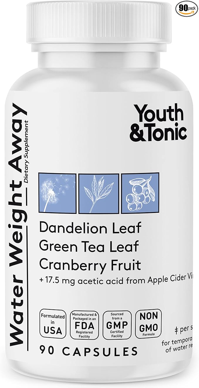 Youth & Tonic Natural Water Pills (90 Count) for Swelling Belly Bloating & Water Retention - Herbal Diuretic Supplement for Women & Men