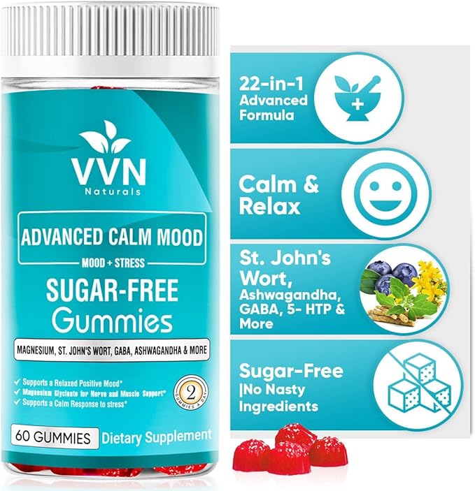 Sugar Free 22 in 1 Calm Mood Gummies St. John's Wort, 5-HTP, GABA, Ashwagandha| Magnesium Glycinate Gummies | Non-GMO, Natural Support Stress & Relaxation, Mood & Energy | Vegan, 60 ct.