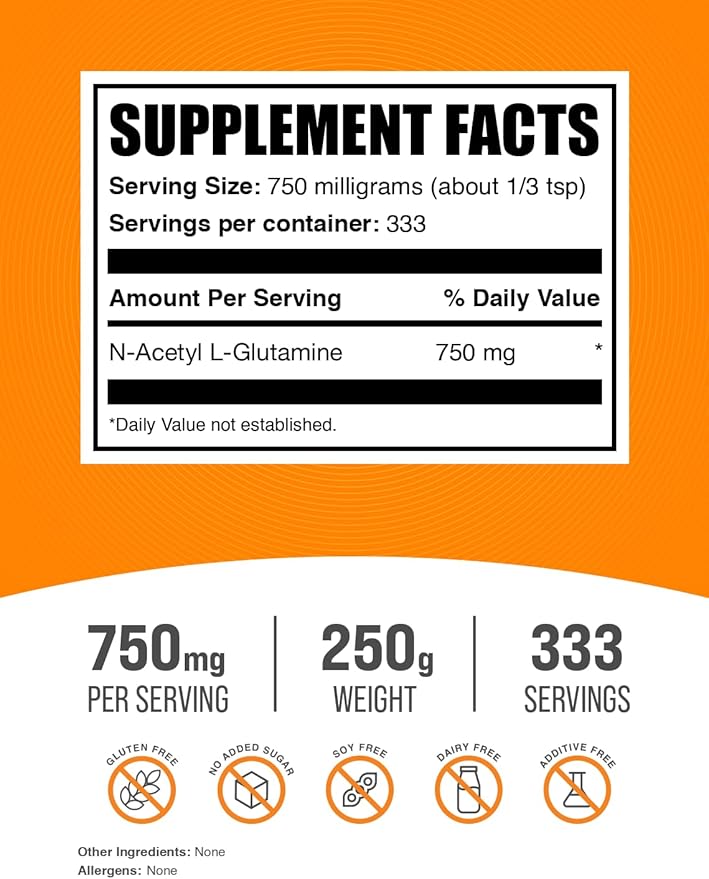 BulkSupplements.com N-Acetyl L-Glutamine Powder - Glutamine Supplement, L Glutamine Powder, Gut Health & Recovery - Gluten Free, 750mg per Serving, 250g (8.8 oz) (Pack of 1)