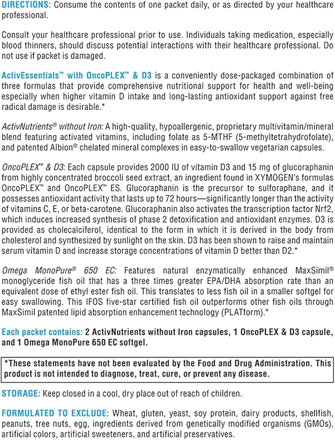 XYMOGEN ActivEssentials with OncoPLEX & D3 - Daily Dose Pack Nutrition with 3 Supplements - ActivNutrients Multivitamin Without Iron, 2000 IU Vitamin D3 & Glucoraphanin, Omega-3 Fish Oil (60 Packets)