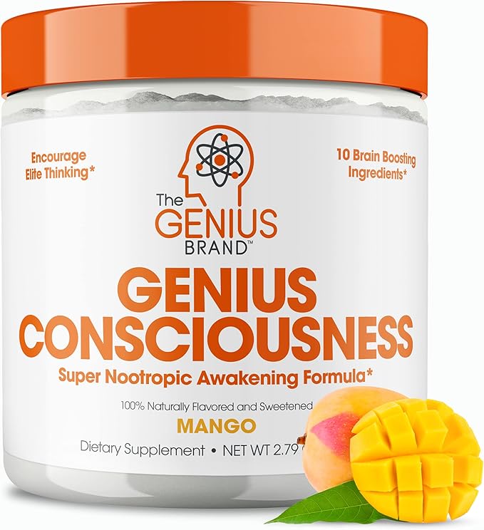 Genius Consciousness, Super Nootropic Brain Supplement Powder, Mango - Boost Focus, Cognitive Function, Concentration & Memory Booster - Alpha GPC & Lions Mane Mushroom for Neuro Energy & IQ