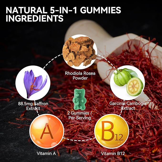 Saffron Supplements Gummies, Saffron Extract for Positive Mood & Calm Nerve, Boost Energy, with Garcinia Cambogia, Vitamin A, B12, Rhodiola Rosea - 120 Gummies