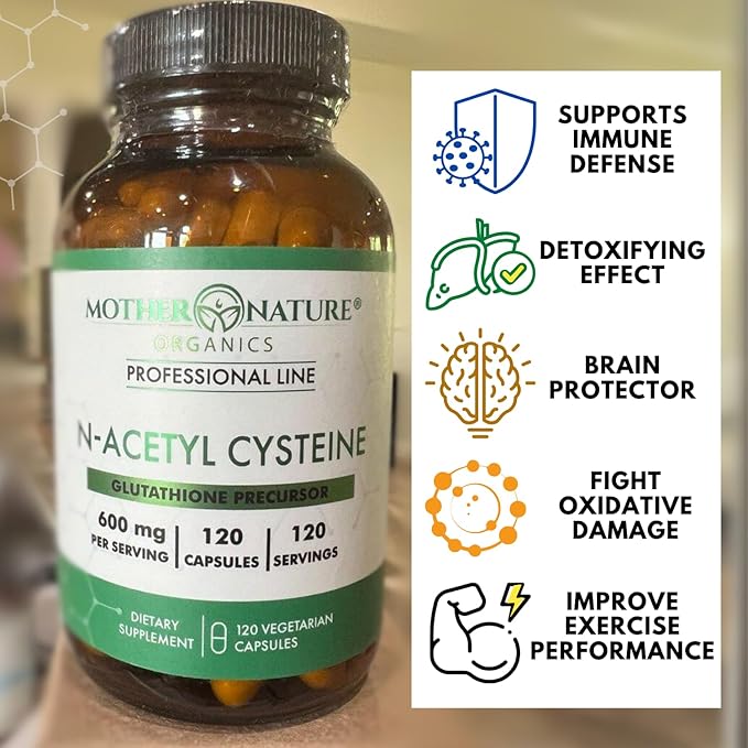 Mother Nature N-Acetyl-L-Cysteine, NAC 600 mg for Glutathione Production – Potent Antioxidant for Liver & Immune Support, Respiratory and Heart Health, 120 Capsules