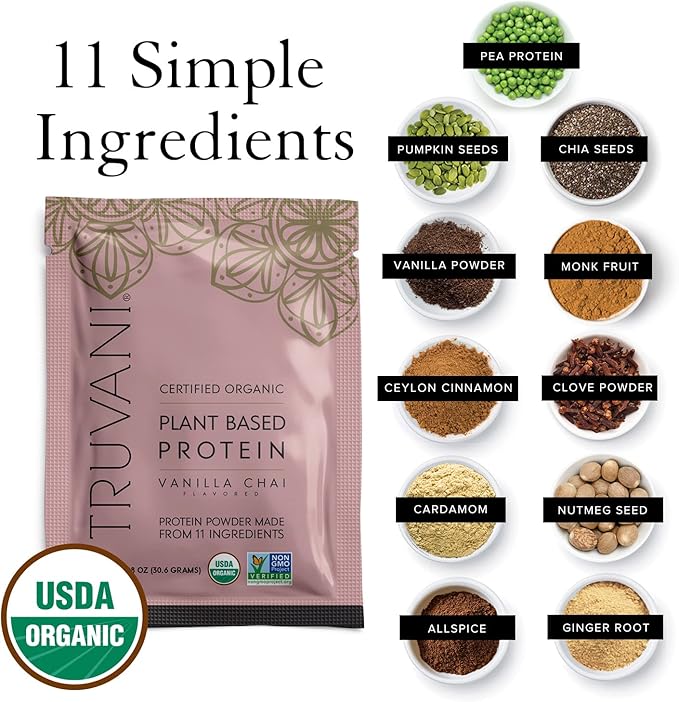 Truvani Vegan Pea Protein Powder | Vanilla Chai | 20g Organic Plant Based Protein | 10 Servings | Keto | Gluten & Dairy Free | Low Carb | No Added Sugar