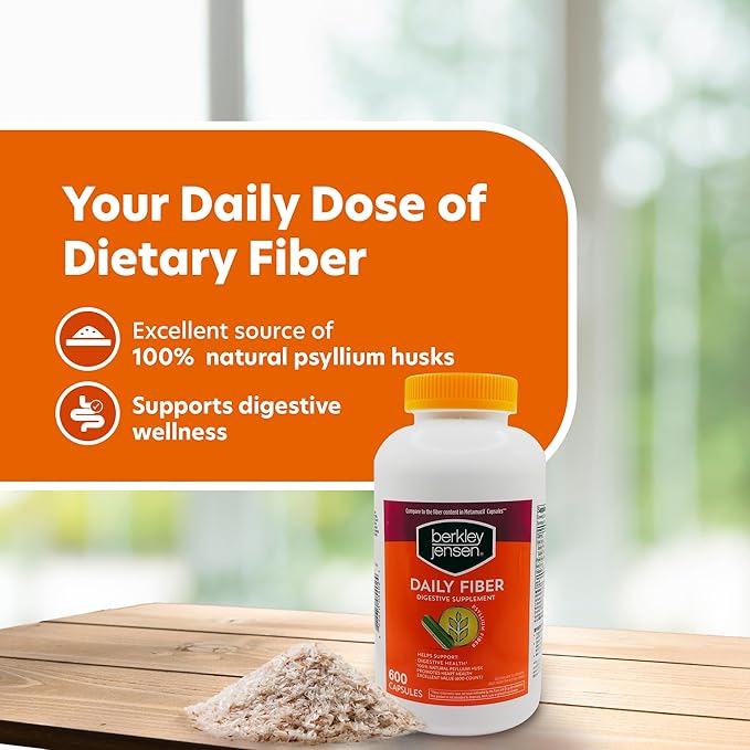 Berkley Jensen Daily Psyllium Husk Supplement (600 - Count), Natural Fiber for Men & Women - Fiber Capsules for Overall Digestive Health, Easing Constipation, Aiding Nutrient Absorption (Pack of 1)