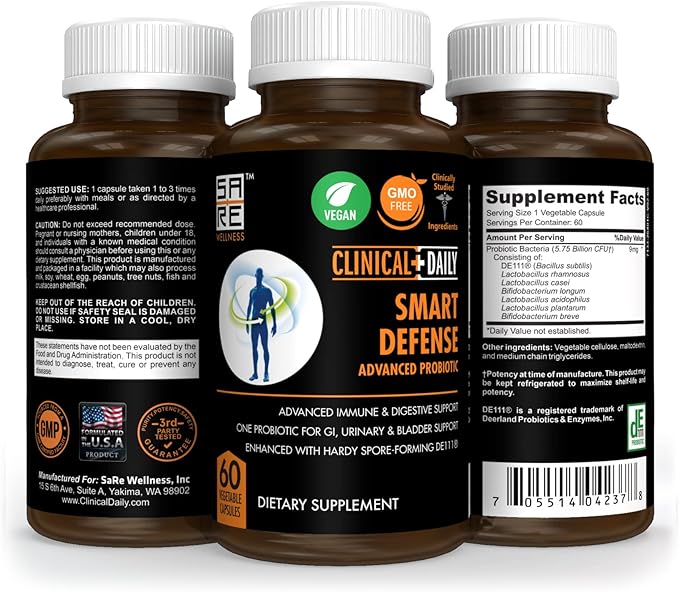 CLINICAL DAILY Smart Defense Mega Spore Probiotic. Bacillus Subtilis Spore Based Probiotics For Women and Men With Lactobacillus Plantarum Good Flora Natural Slim Microbiome Support. 60 Vegan Capsules