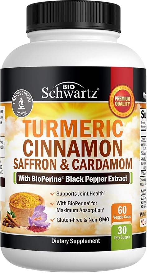 Turmeric Supplement with Saffron, Cinnamon and Cardamom Plus BioPerine Black Pepper Extract for Optimal Absorption, Natural Tumeric Curcumin Joint Support Supplement for Women and Men, 60 Capsules