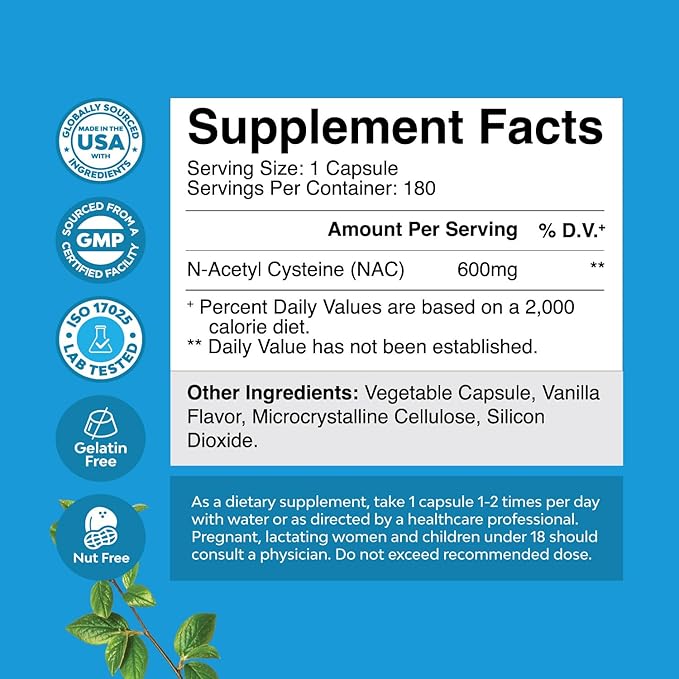 NAC Supplement N-Acetyl Cysteine 600mg - Potent Vegan High Absorption NAC 600 mg Capsules Glutathione Precursor for Liver Cleanse Detox & Repair plus Lung Health and Immunity Support (180ct)