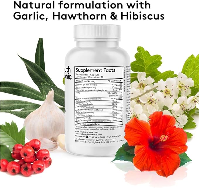 Youth & Tonic Daily Water Weight Away Pills and Blood Pressure Support Supplements/Natural Diuretics for Water Retention & BP Capsules to Maintain a Good Circulatory Health / 60 CPS for Women & Men