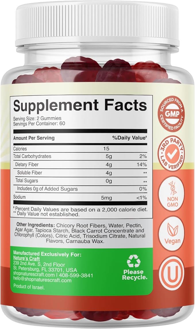 Sugar Free Fiber Gummies for Adults - High Fiber Supplement Gummies Vitamins for Adults with Prebiotic Soluble Chicory Root for Immunity and Digestive Support - Non GMO Halal Vegan Kosher Gluten Free