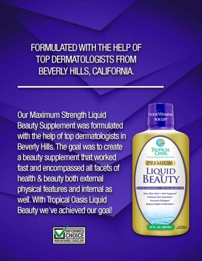 Tropical Oasis - Liquid Beauty | Supplement for Hair, Skin, & Nail Growth, Weight Control, Joint Support - Biotin + Hydrolyzed Collagen (32 Servings)