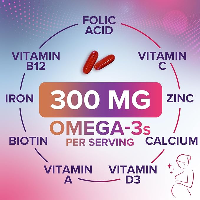 Women's Prenatal Multivitamin with Folic Acid + DHA, Prenatal Vitamin Supplement for Fetal Support w/Folate, Omega 3, Vitamins D3, B6, B12 & Iron, Pregnancy Prenatal DHA, Non-GMO - 60 Softgels