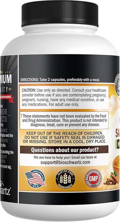 Turmeric Supplement with Saffron, Cinnamon and Cardamom Plus BioPerine Black Pepper Extract for Optimal Absorption, Natural Tumeric Curcumin Joint Support Supplement for Women and Men, 60 Capsules