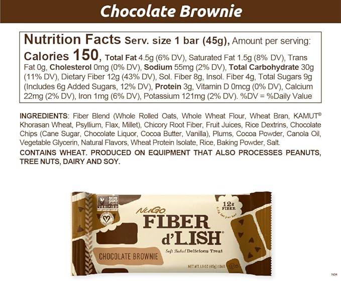 NuGo Fiber d'Lish Chocolate Brownie, 12g High Fiber, Vegan, 150 Calories, 16 Count