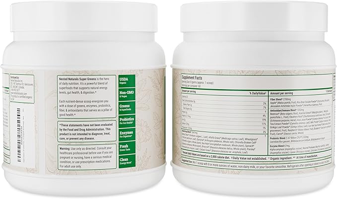 Super Greens Daily Greens Superfood Powder - Certified USDA Organic Green Powder w/20+ Whole Foods, Spirulina Powder, Wheat & Barley Grass - Probiotics, Fiber & Enzymes - Original Flavour, 60 Servings