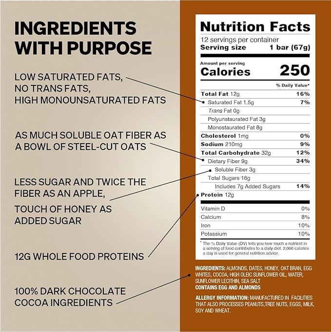 Obi Bar Chocolate - Protein and Oat Fiber Bar | All Natural | Meal Bar | Heart and Gut Health | Lightly Sweet | Chocolate Brownie | Almond Chunks | Soy Free, Dairy Free | Ideal Meal Replacement Bar