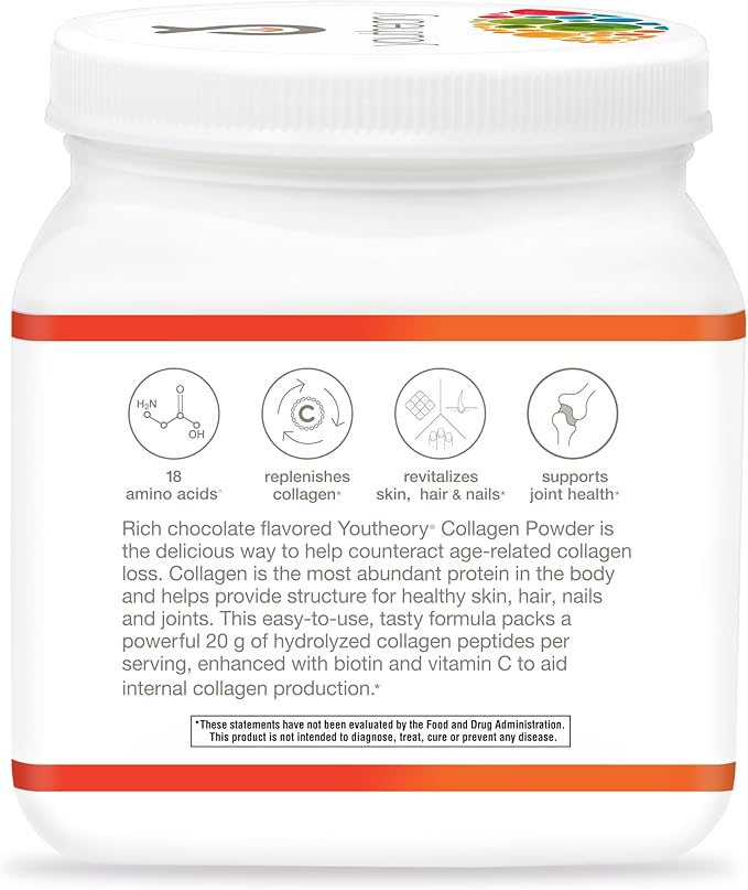 Youtheory Collagen Powder - Premium Collagen Supplement with Vitamin C & Biotin - Supports Healthy Hair, Nails, Skin & Joints* - Dairy, Soy & Gluten Free - Chocolate, 20 oz