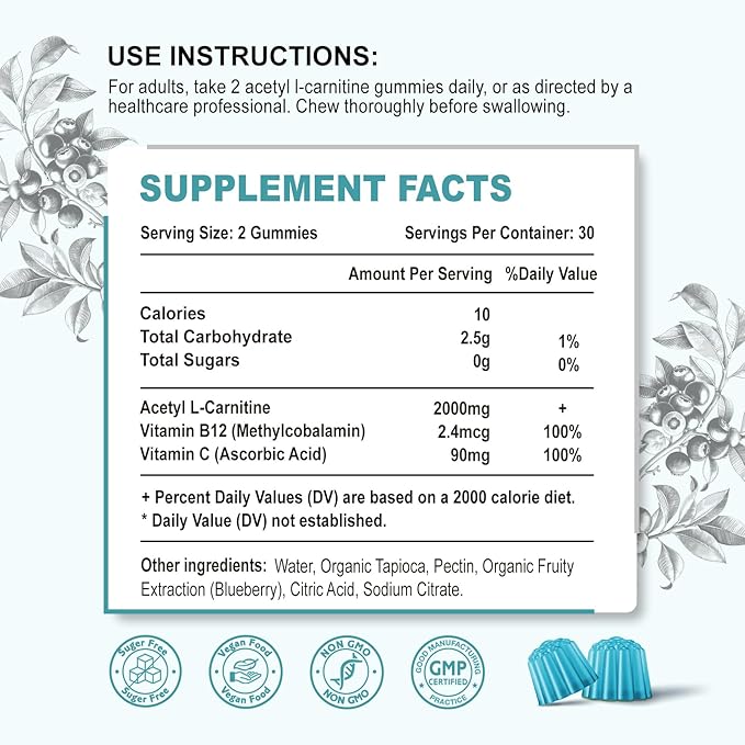 2 Pack Acetyl L-Carnitine Gummies 2000mg, L-Carnitine Supplement with Vitamin C & B12, ALCAR for Energy, Brain & Mood Support, Fatty Acid Metabolism, Vegan, Non-GMO, Sugar Free, 120 Count