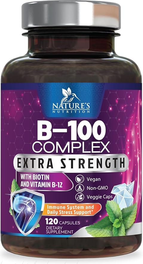 Vitamin B Complex Capsules with Vitamins B1 B2 B3 B6 B12 B100 C Biotin Folate & Folic Acid - Supplement for Energy, Brain, & Immune Support - Super B Vitamin Complex for Women & Men - 120 Vegan Pills