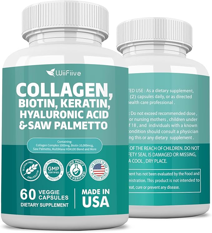Collagen 1000 mg Biotin 10000 mcg Kerarin Blend 500mg Saw Palmetto 2500mg Folate 1000 mcg with Hyaluronic Acid Vitamin C E Paba Keratin MSM Quercetin Mineral Supplements, 60 Capsules