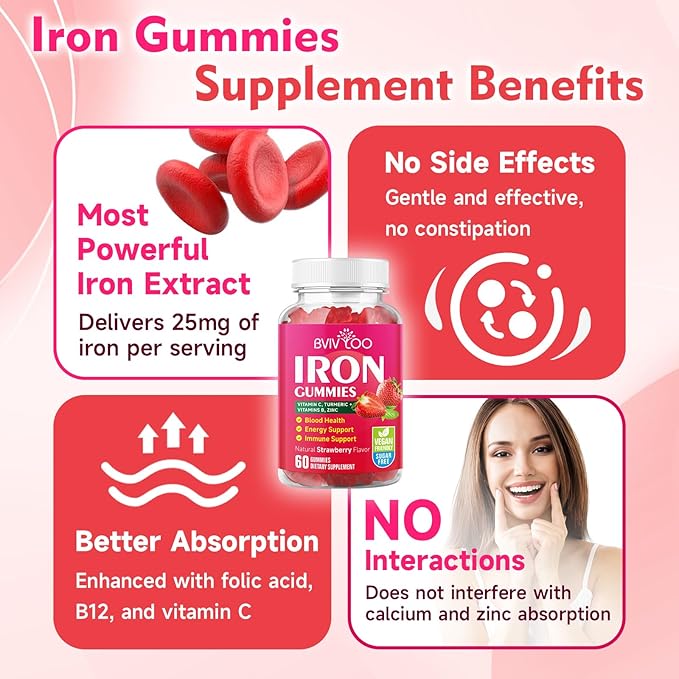 Vegan Iron Gummies for Adults & Kids - with Vitamin C, A, B-Complex, Folate, Zinc, and Biotin - for Blood Building & Energy Support, 60 Gummies