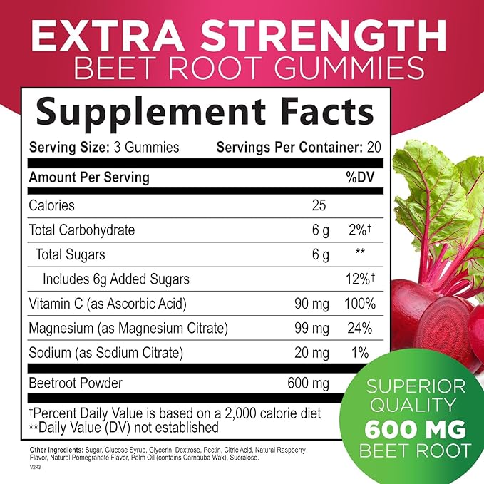 Beet Root Supplement Gummies with Vitamic C & Magnesium - Energy Heart Health Support, Supports Nitric Oxide Production - Gluten Free, Non-GMO Beets Root Gummy - Pomegranate Berry Flavor - 60 Gummies