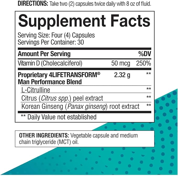 4Life Transform Man – Sexual Performance & Vitality Supplement for Men - Supports Nitric Oxide Production, Energy, & Overall Well-Being with L-Citrulline, Vitamin D3, & Korean Ginseng – 120 Caps