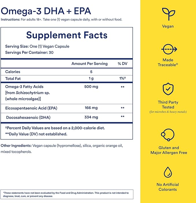 Ritual Omega 3 - Vegan - Science-Backed Dose of DHA & EPA Fatty Acids in 2:1 Ratio, Bioavailable, Brain and Heart Health Support, Minimal Burp-Back, Sustainably Sourced Microalgae, 30 Day Supply