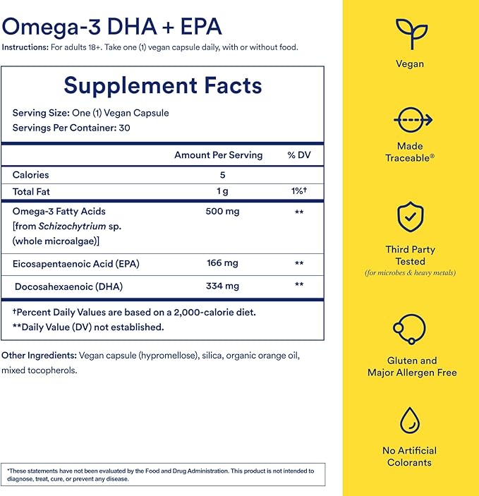 Ritual Omega 3 - Vegan - Science-Backed Dose of DHA & EPA Fatty Acids in 2:1 Ratio, Bioavailable, Brain and Heart Health Support, Minimal Burp-Back, Sustainably Sourced Microalgae, 30 Day Supply