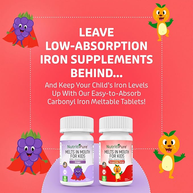 Chewable Iron Supplements for Kids (Ferronyl®/Carbonyl Iron 9 mg with Vitamin C 30 mg) Tablet in Delicious Grape Flavor | Kids Iron Supplement 90 Count (2 Bottles)