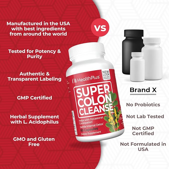 Health Plus Super Colon Cleanse 10 Day Gentle Gut Cleanse Detox, Psyllium Husk, Probiotics for Constipation Relief & Digestive Support, 60 Capsules