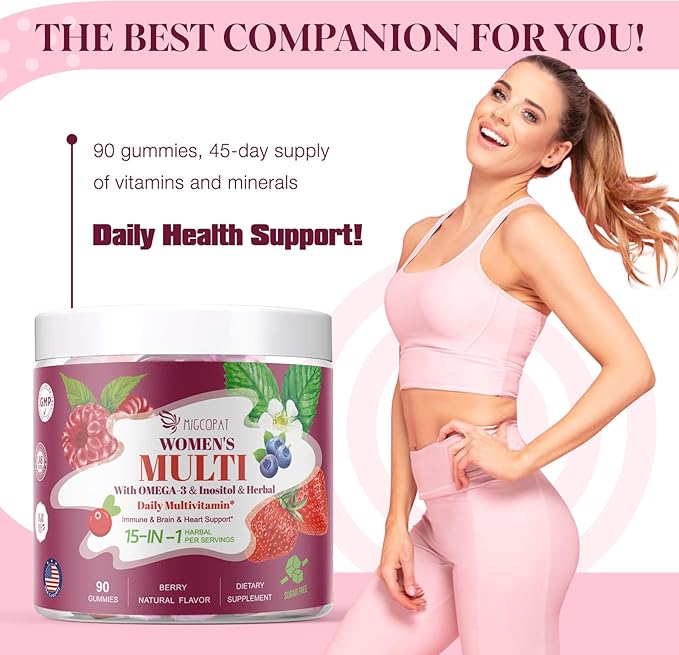 Womens Multivitamin Gummies with Prebiotics, Omega-3, Inositol, FOS, Vitamins A, C, D3, E, B12 – Sugar-Free Daily Support Heart, Brain Health, Gut, Digestion, Energy, Immune, Berry Flavor