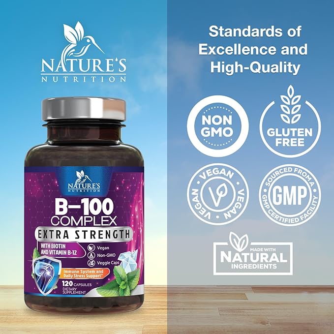 Vitamin B Complex Capsules with Vitamins B1 B2 B3 B6 B12 B100 C Biotin Folate & Folic Acid - Supplement for Energy, Brain, & Immune Support - Super B Vitamin Complex for Women & Men - 120 Vegan Pills