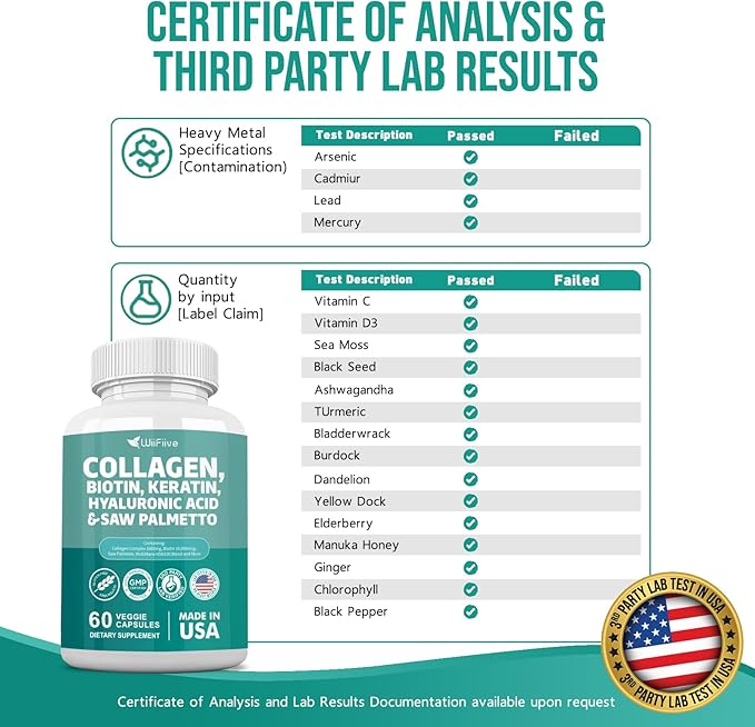 Collagen 1000 mg Biotin 10000 mcg Kerarin Blend 500mg Saw Palmetto 2500mg Folate 1000 mcg with Hyaluronic Acid Vitamin C E Paba Keratin MSM Quercetin Mineral Supplements, 60 Capsules