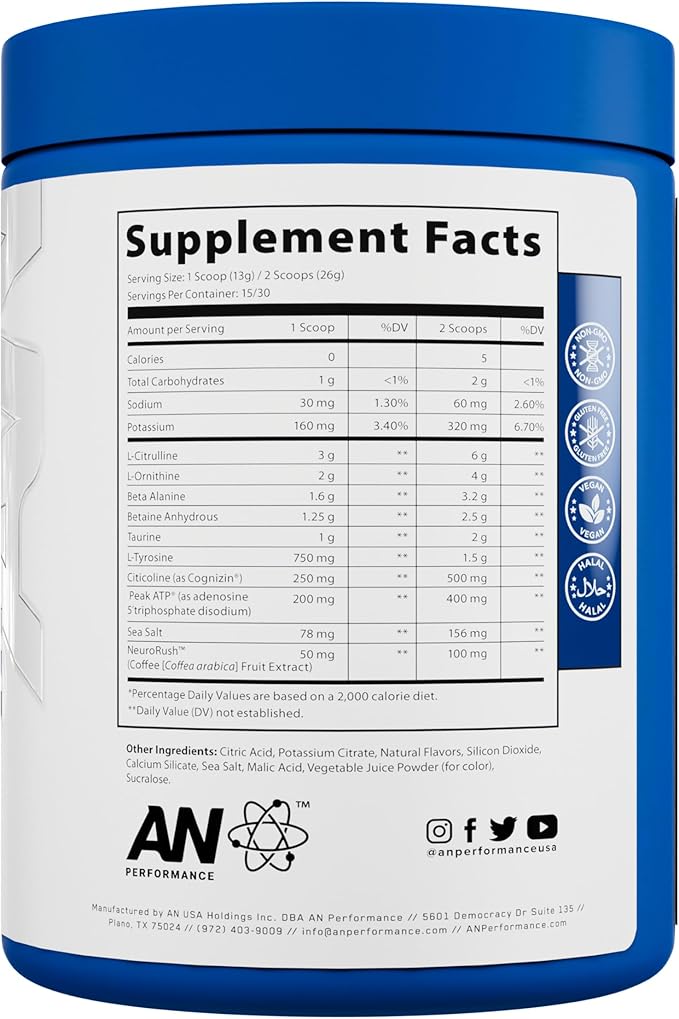 AN Performance Non-Stimulant Pre-Workout Supplement | Zero Caffeine Energy Drink Mix | Beta Alanine + Citrulline | Third-Party Tested | Informed Sport Certified | Fruit Punch | 30 Servings