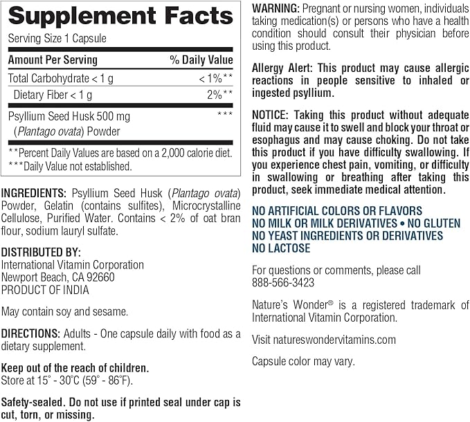 Nature's Wonder Psyllium Husk 500 mg Capsules for Digestive Health, Plant-Based Fiber, 200 Count