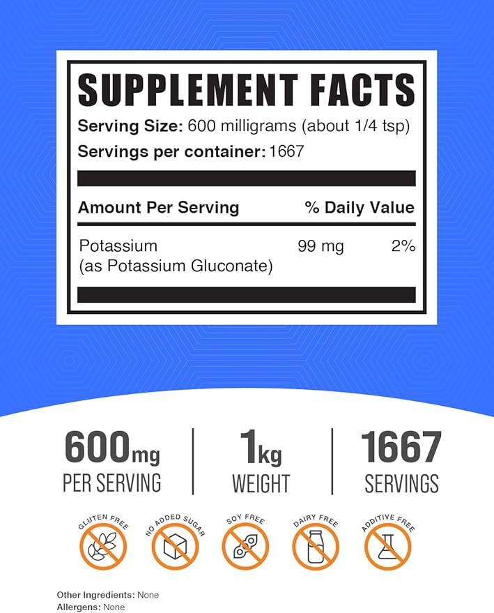 BulkSupplements.com Potassium Gluconate Powder - Potassium Supplement, Potassium Gluconate Supplement, Potassium 99mg - Gluten Free, 600mg per Serving, 1kg (2.2 lbs) (Pack of 1)