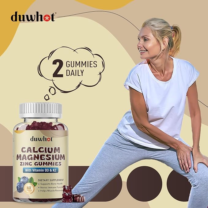 Calcium Magnesium Zinc Gummies for Women, Chewable Calcium Supplement 1000 mg Vitamin D3 & K2, Bone & Nerve Health, Muscle Function, Immune Support & Stress Relief, Blueberry Flavor, 60 Ct