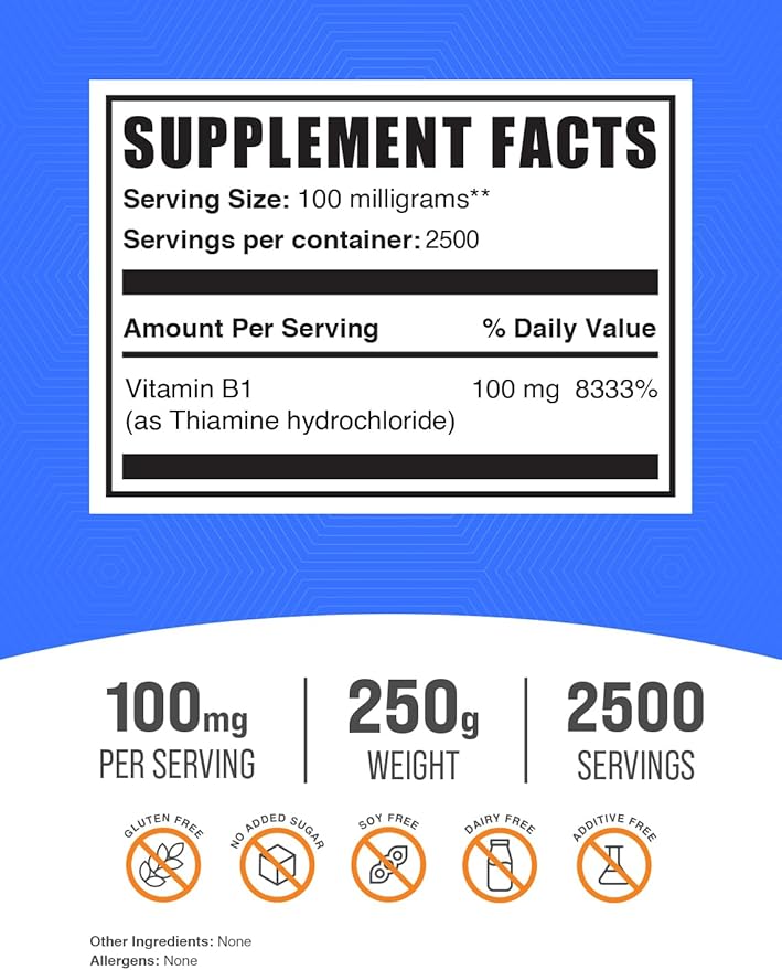 BulkSupplements.com Thiamine HCl Powder - Thiamine Hydrochloride, B1 Vitamins, Thiamine B1 Supplement, Thiamine 100mg - Gluten Free, 100mg per Serving, 250g (8.8 oz) (Pack of 1)