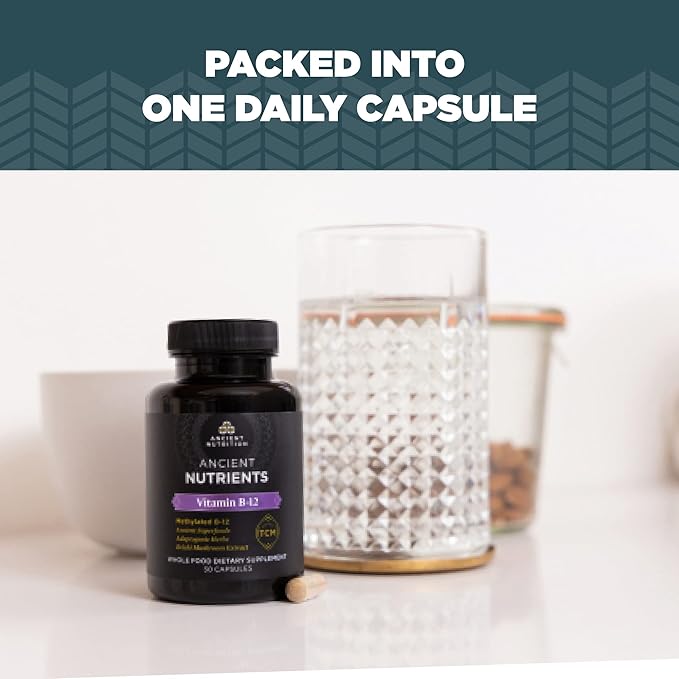 Vitamin B12 Supplement by Ancient Nutrition, Supports Energy Metabolism and Nervous System Health, Adaptogenic Herbs, Enzyme Activated, Paleo & Keto Friendly, 30 Capsules