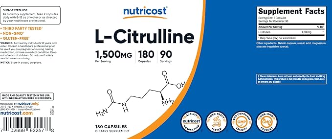 Nutricost L-Citrulline 1500mg, 180 Capsules - 750mg Per Capsule, Gluten Free, Non-GMO, Packaging May Vary