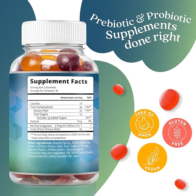 BeLive Synbiotics - Probiotic & Prebiotic Fiber Gummies – High Strength Inulin (3g), Dietary Fiber Supplement, Digestive Support for Kids & Adults - Strawberry, Lemon, Blueberry Flavor | 3-Pack
