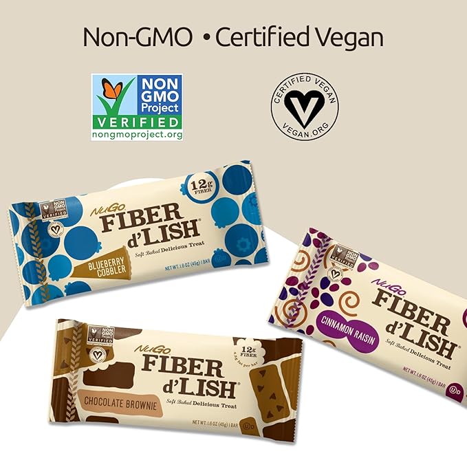 NuGo Fiber d'Lish Peanut Chocolate Chip, 12g High Fiber, Vegan, 160 Calories, 16 Count