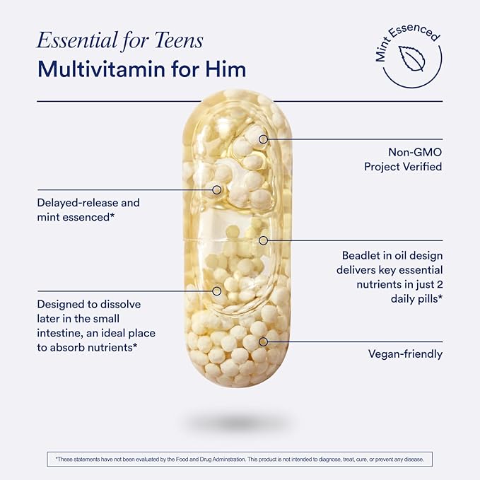 Ritual Teen Vitamins for Boys - Zinc, Vitamin A and D3 for Immune Function Support*, Omega-3 DHA & B12 for Brain Health, Non-GMO, Mint Essenced, 30 Day Supply, 60 Vegan Capsules